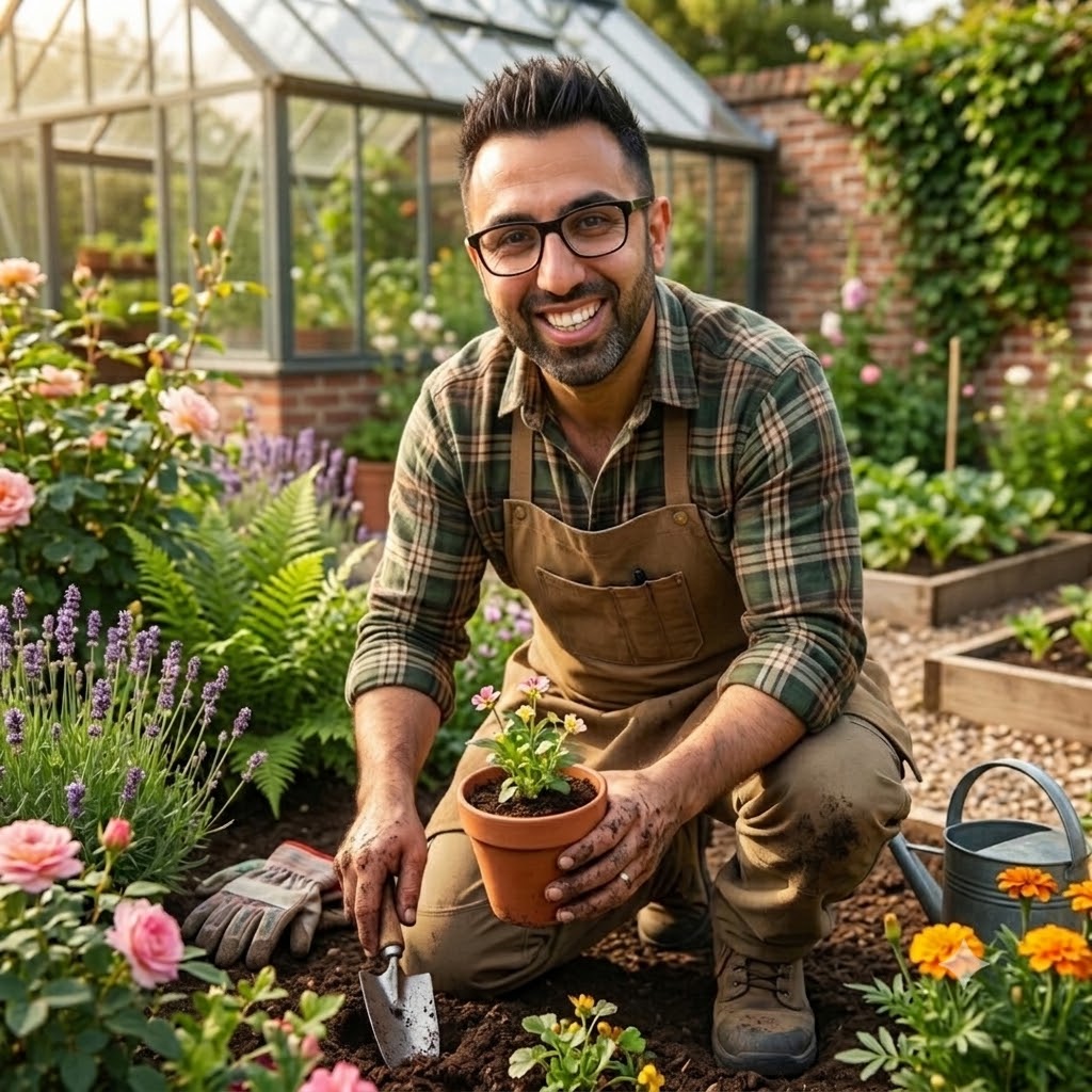 Fadi Marouka bei der Gartenpflege – lächelnd beim Bepflanzen eines Beetes