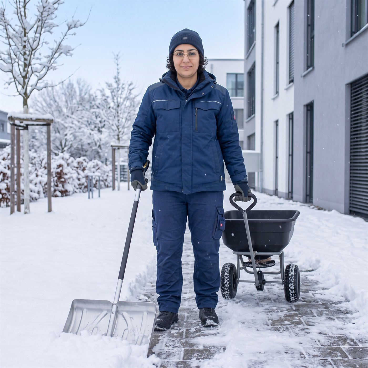 Mitarbeiterin des Glas & Grünservice-Teams beim Winterdienst mit Schneeschieber und Streuwagen